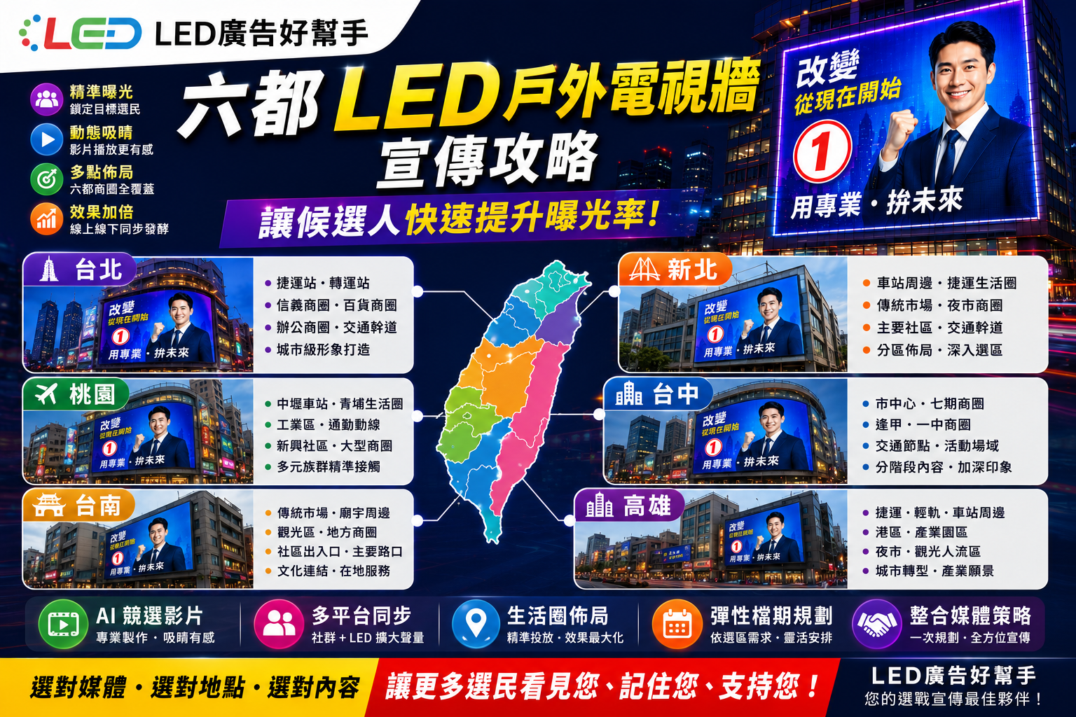 You are currently viewing 六都 LED 戶外電視牆宣傳攻略｜讓候選人快速提升曝光率 2026 選舉宣傳進入跨區域、數位化的新戰場
